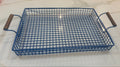 Industrial Matte Blue Wire Mesh Retro Serving Tray with Natural Wood Handles - Large Utility Basket