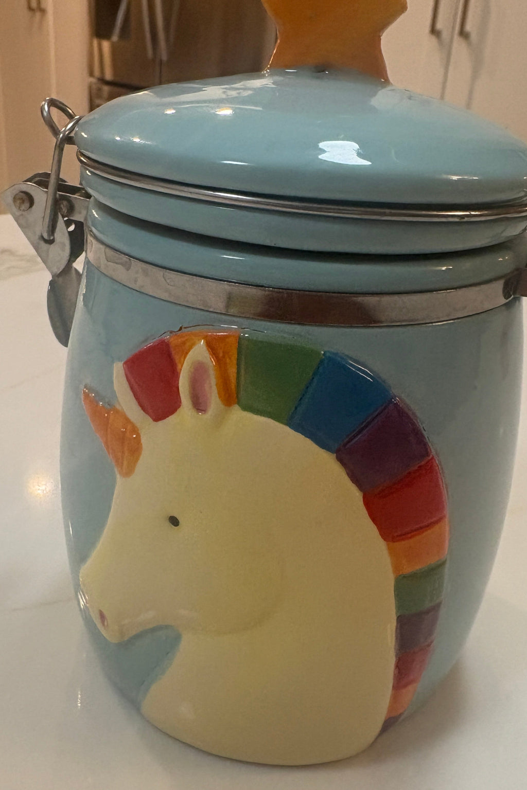 Boston Warehouse Rainbow Unicorn Hinged Ceramic Canister Jar - "Today Will Be Magical"
