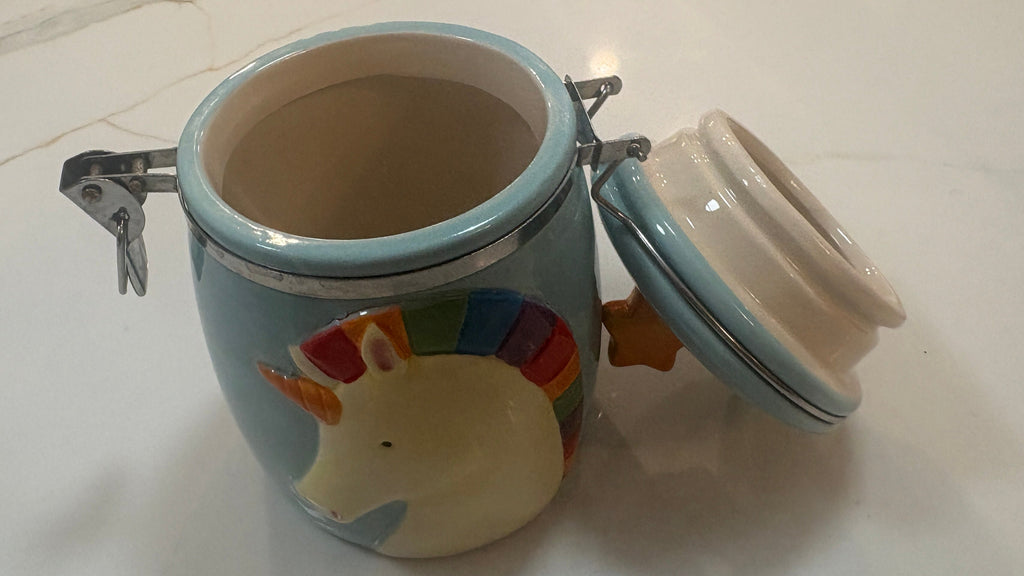Boston Warehouse Rainbow Unicorn Hinged Ceramic Canister Jar - "Today Will Be Magical"