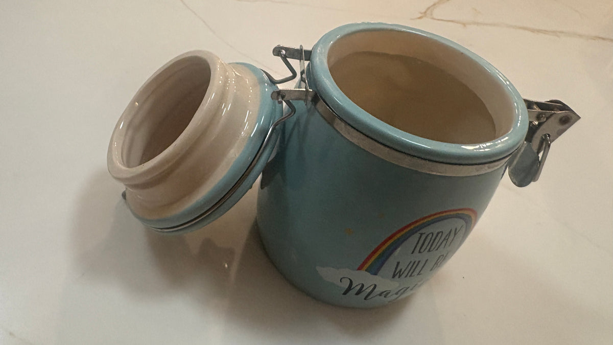 Boston Warehouse Rainbow Unicorn Hinged Ceramic Canister Jar - "Today Will Be Magical"