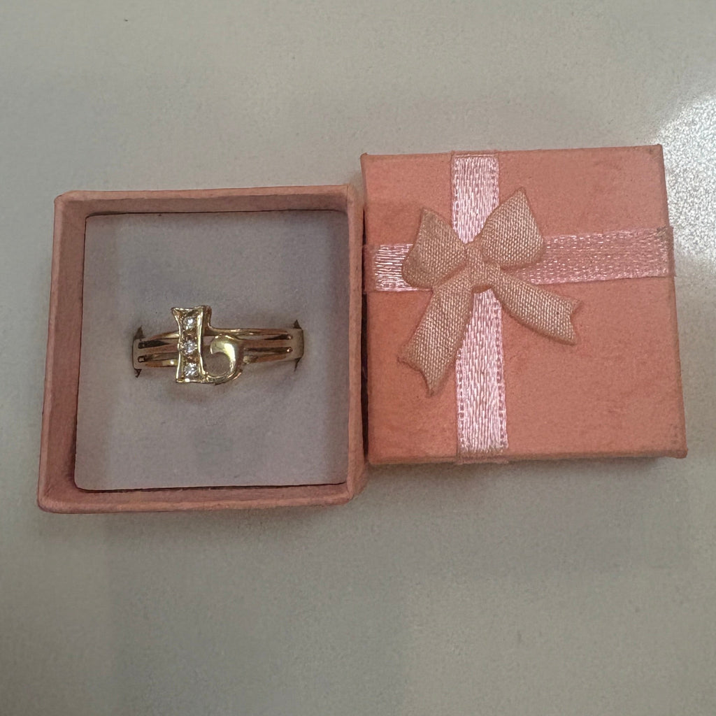 14K Gold Plated Initial Letter "L" Rhinestone Statement Ring over 925 Mexican Silver