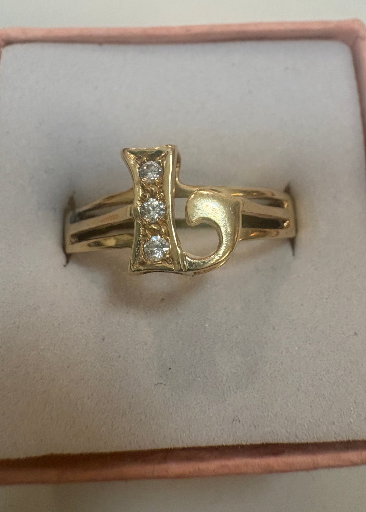 14K Gold Plated Initial Letter "L" Rhinestone Statement Ring over 925 Mexican Silver