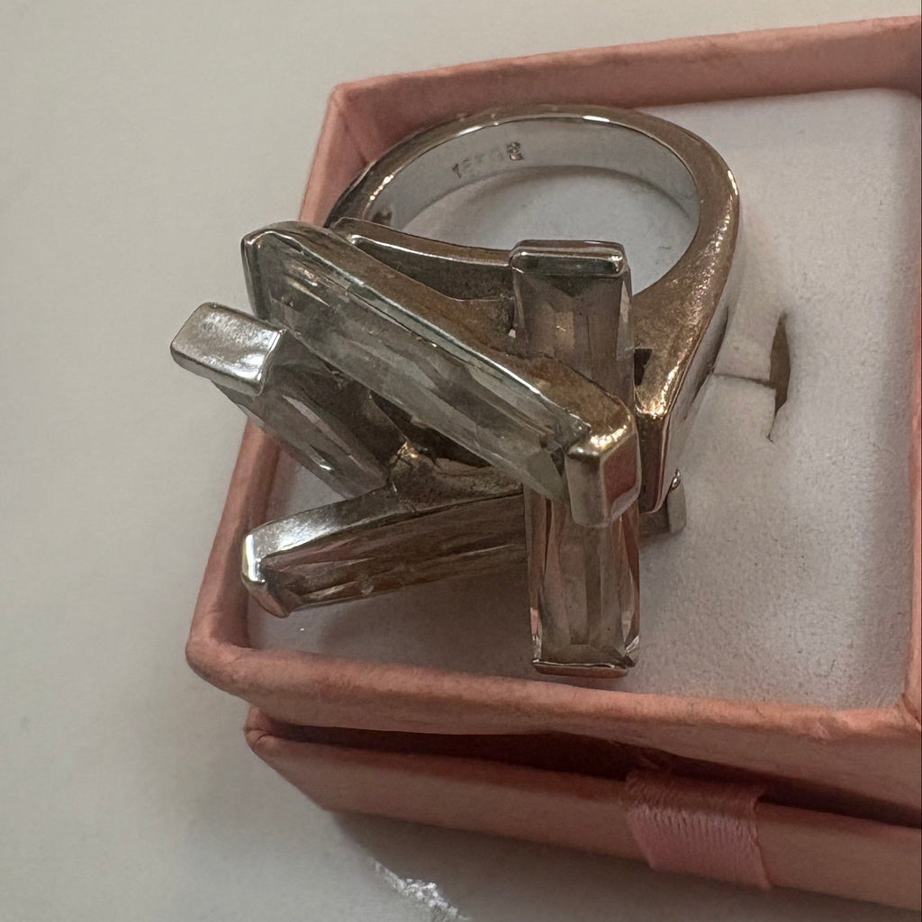18K White Gold GE Electroplated Clear Baguette Cubic Zirconia Geometric Architectural Cocktail Ring