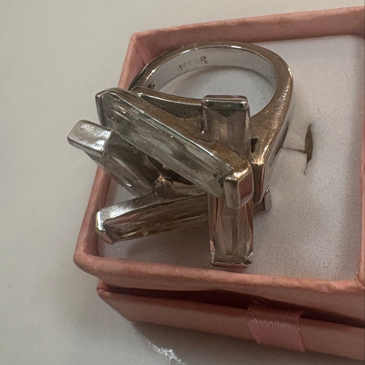 18K White Gold GE Electroplated Clear Baguette Cubic Zirconia Geometric Architectural Cocktail Ring