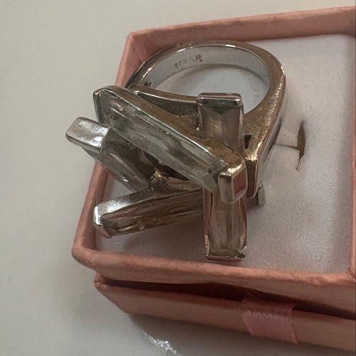 18K White Gold GE Electroplated Clear Baguette Cubic Zirconia Geometric Architectural Cocktail Ring