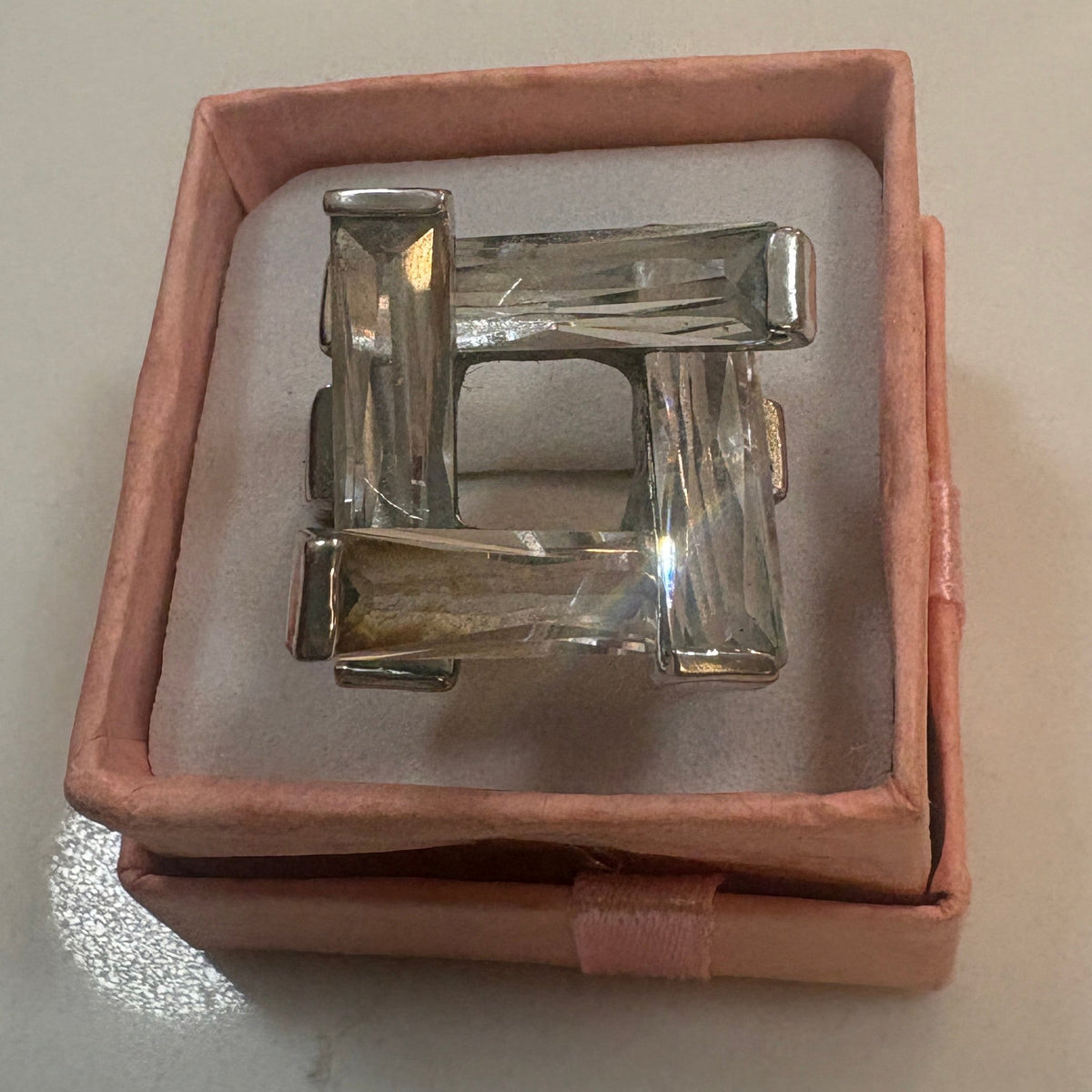 18K White Gold GE Electroplated Clear Baguette Cubic Zirconia Geometric Architectural Cocktail Ring