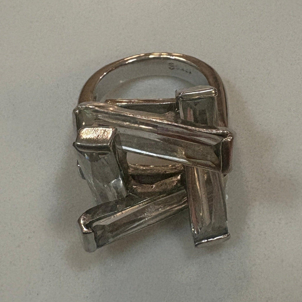 18K White Gold GE Electroplated Clear Baguette Cubic Zirconia Geometric Architectural Cocktail Ring