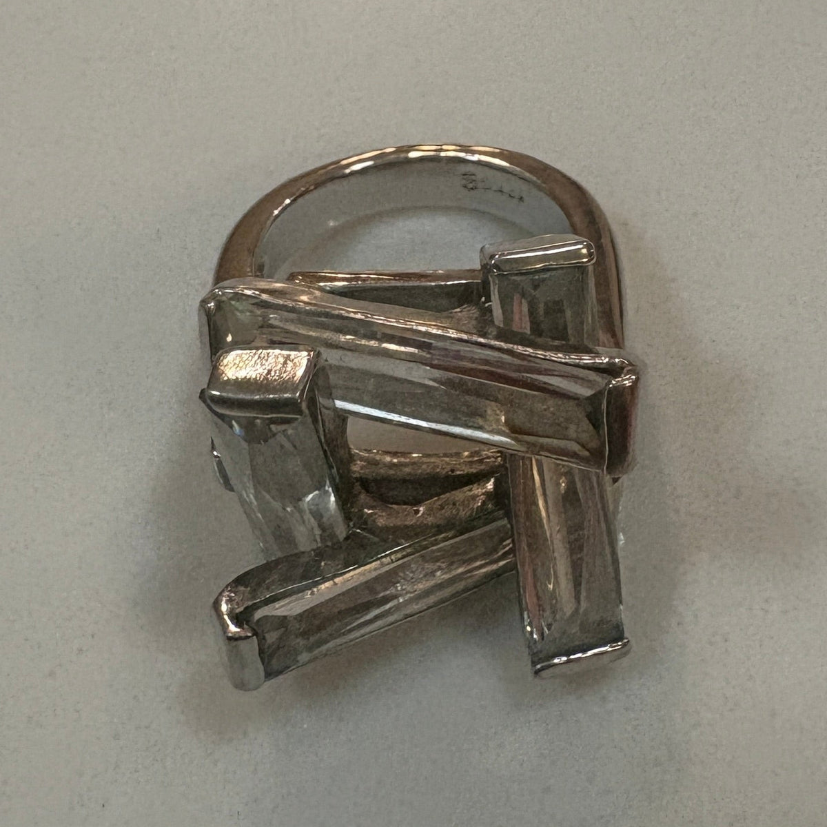 18K White Gold GE Electroplated Clear Baguette Cubic Zirconia Geometric Architectural Cocktail Ring