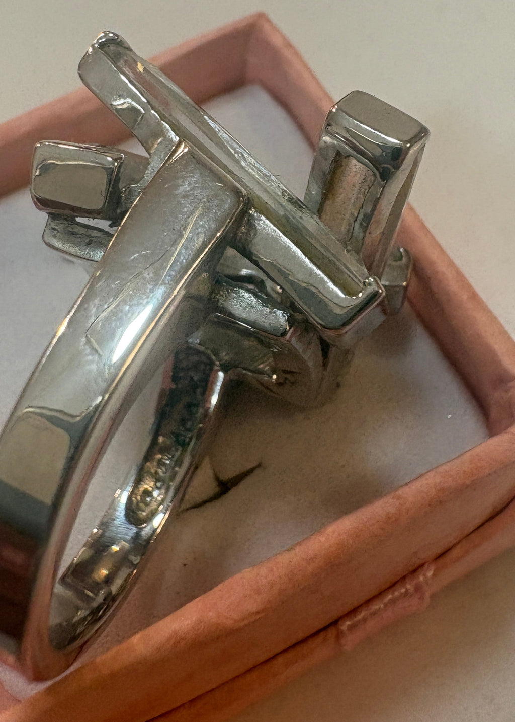18K White Gold GE Electroplated Clear Baguette Cubic Zirconia Geometric Architectural Cocktail Ring