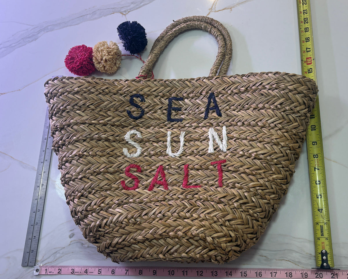 New SUNDRY Sea Sun Salt Woven Straw Beach Tote Bag with Pom Poms