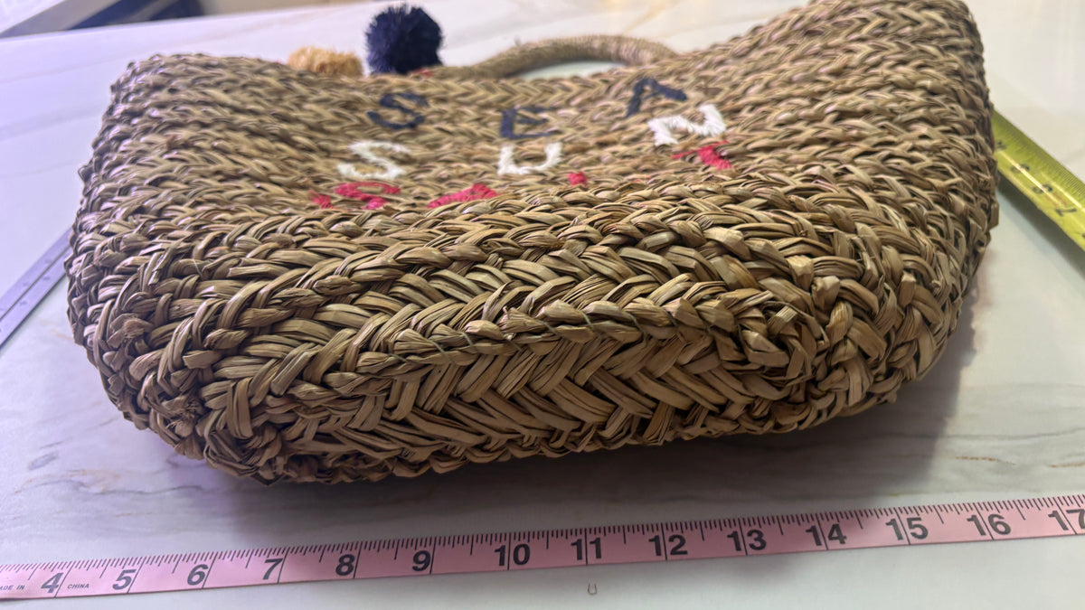 New SUNDRY Sea Sun Salt Woven Straw Beach Tote Bag with Pom Poms
