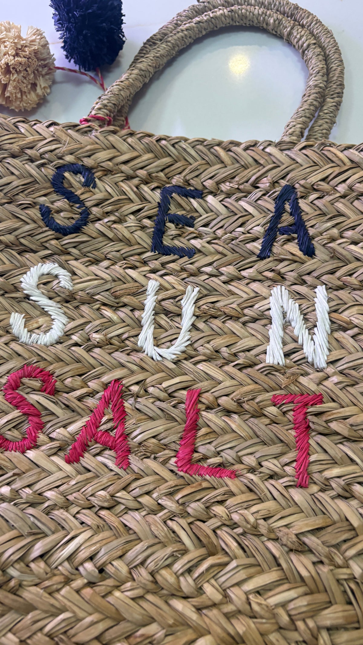 New SUNDRY Sea Sun Salt Woven Straw Beach Tote Bag with Pom Poms