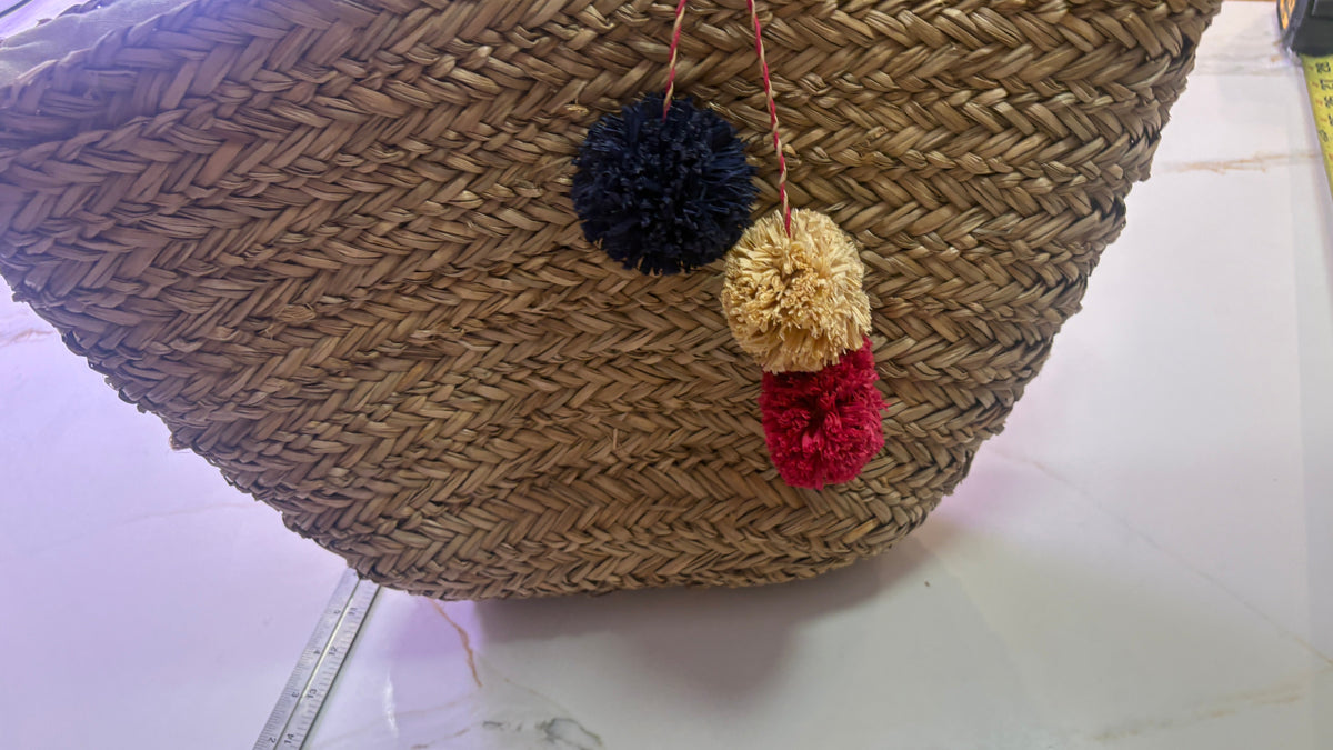 New SUNDRY Sea Sun Salt Woven Straw Beach Tote Bag with Pom Poms