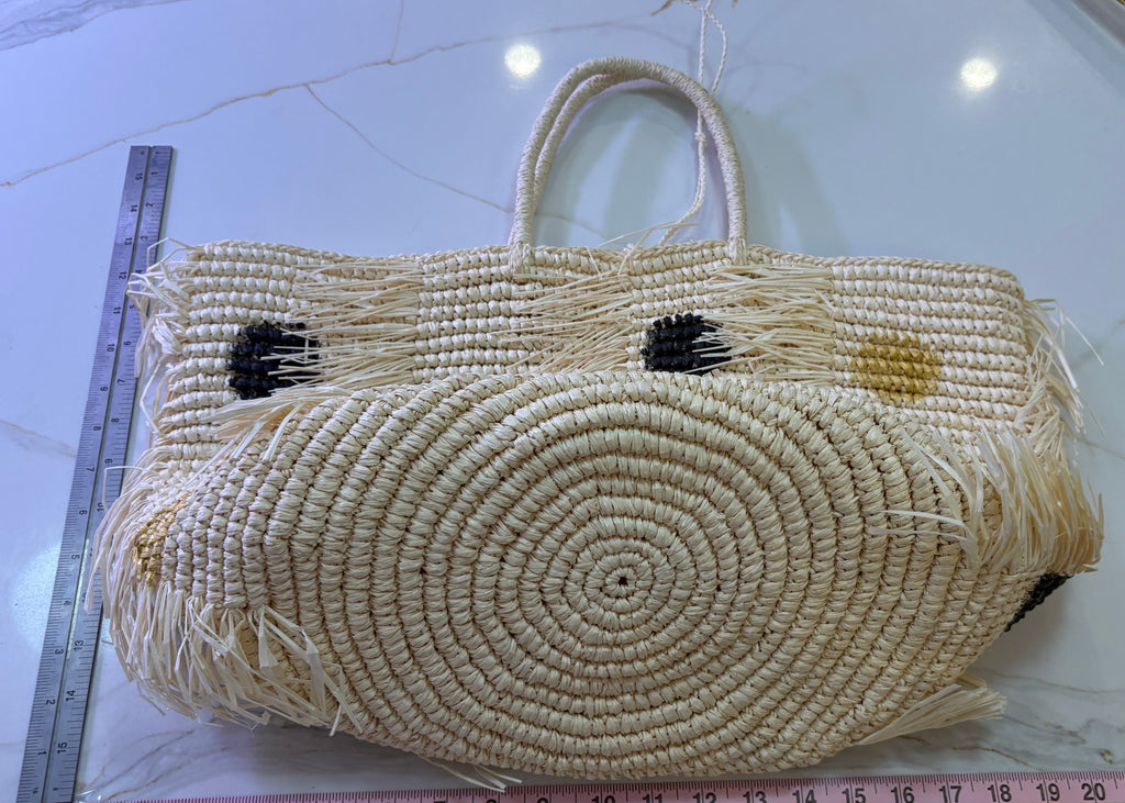 New SENSI STUDIO Fraye Oversized Woven Straw Fringe Polka Dot Tote Bag