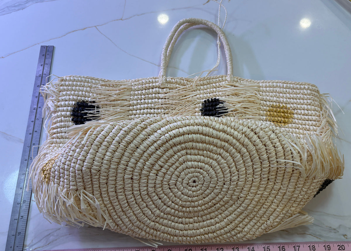 New SENSI STUDIO Fraye Oversized Woven Straw Fringe Polka Dot Tote Bag