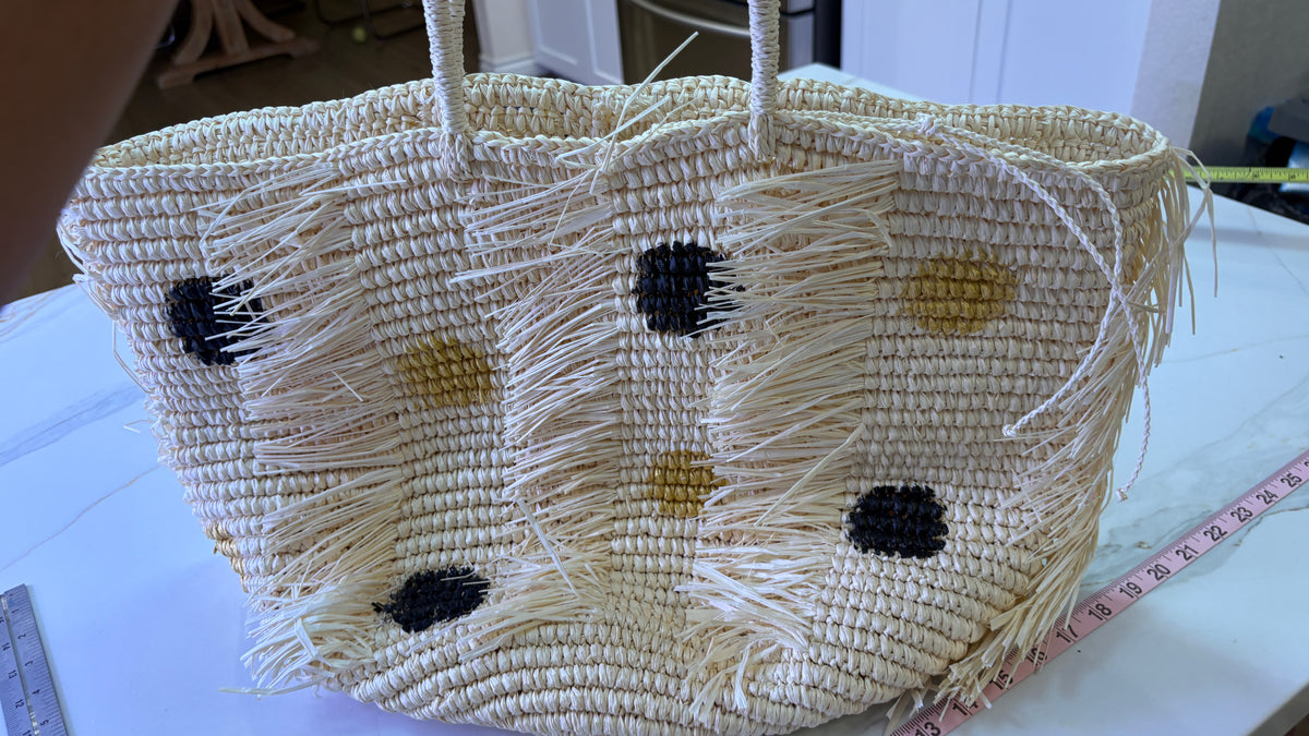 New SENSI STUDIO Fraye Oversized Woven Straw Fringe Polka Dot Tote Bag