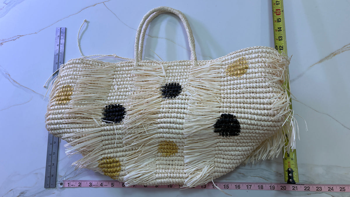 New SENSI STUDIO Fraye Oversized Woven Straw Fringe Polka Dot Tote Bag