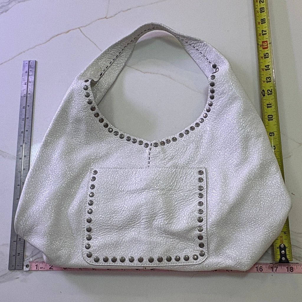 New LAGGO Off-White Metallic Textured Studded Hobo Bag