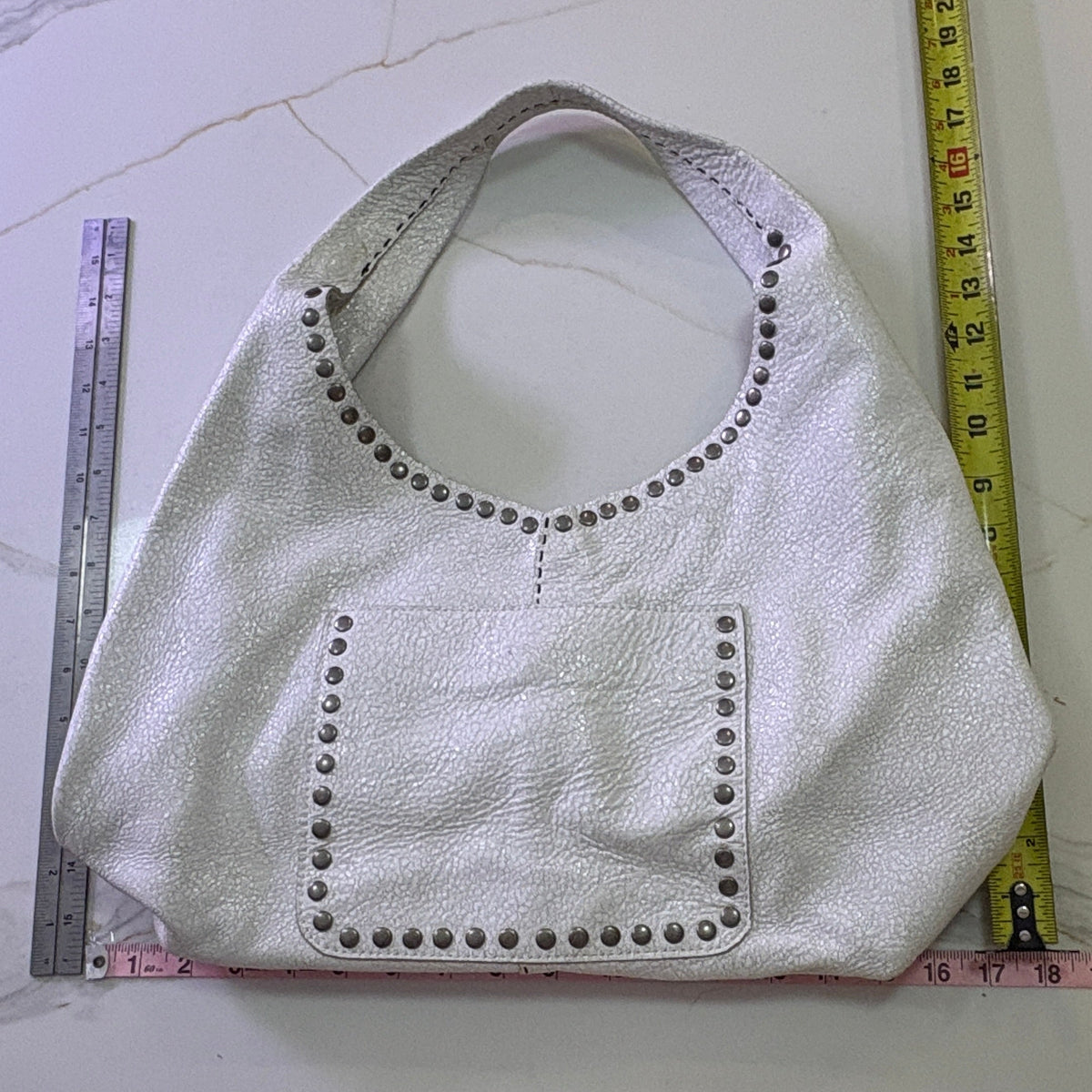 New LAGGO Off-White Metallic Textured Studded Hobo Bag