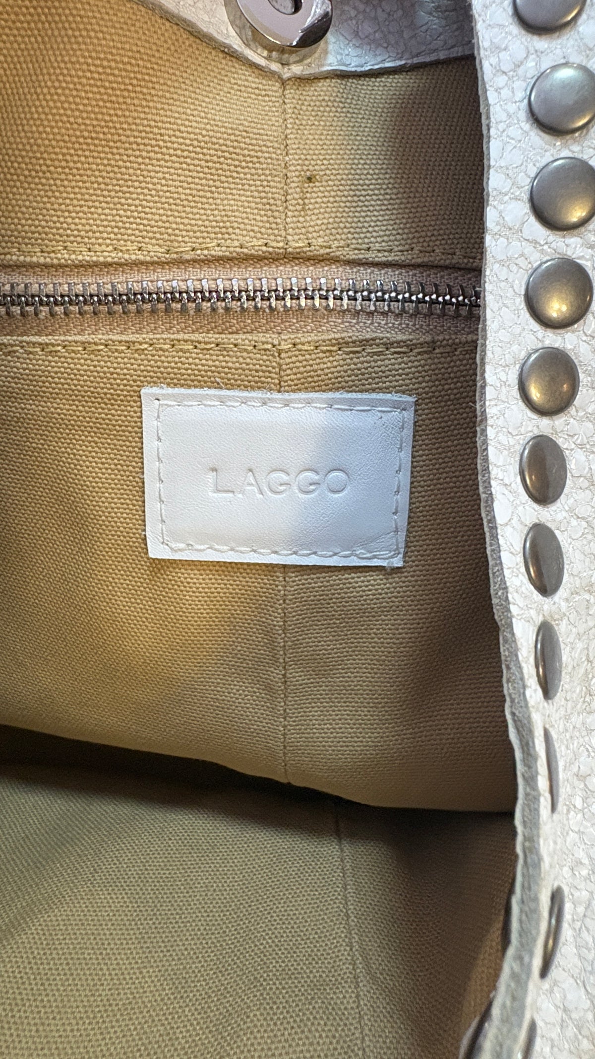 New LAGGO Off-White Metallic Textured Studded Hobo Bag