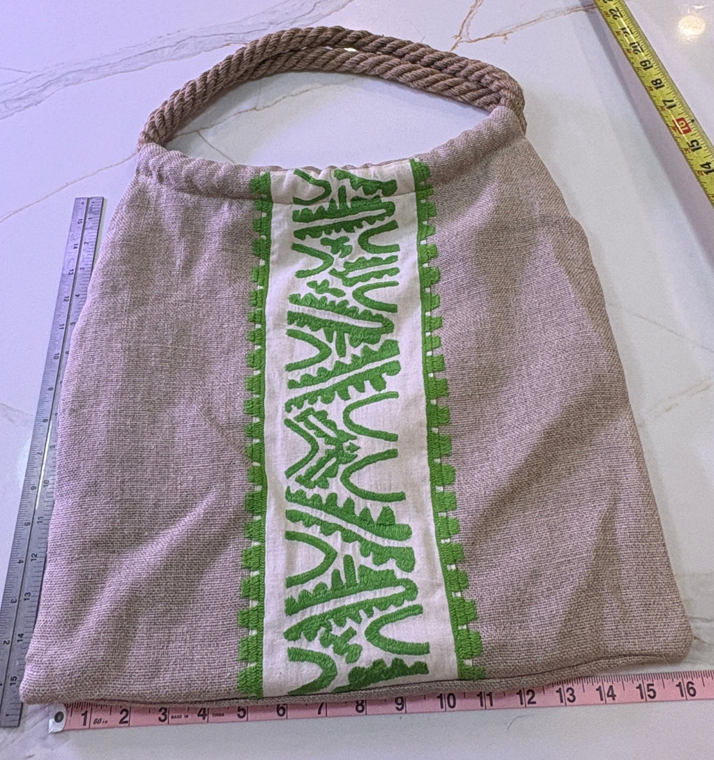 New MayaBags Hand-Embroidered Burlap Tote Bag with Thick Rope Handles