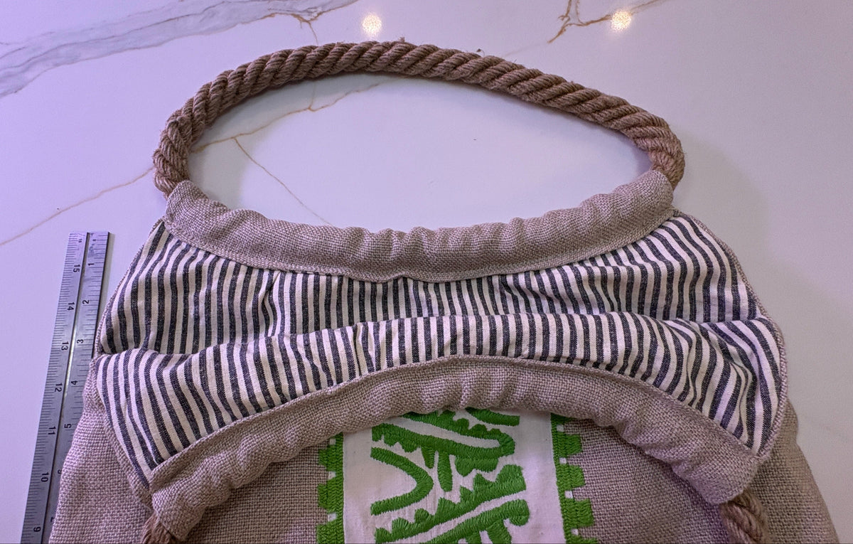 New MayaBags Hand-Embroidered Burlap Tote Bag with Thick Rope Handles