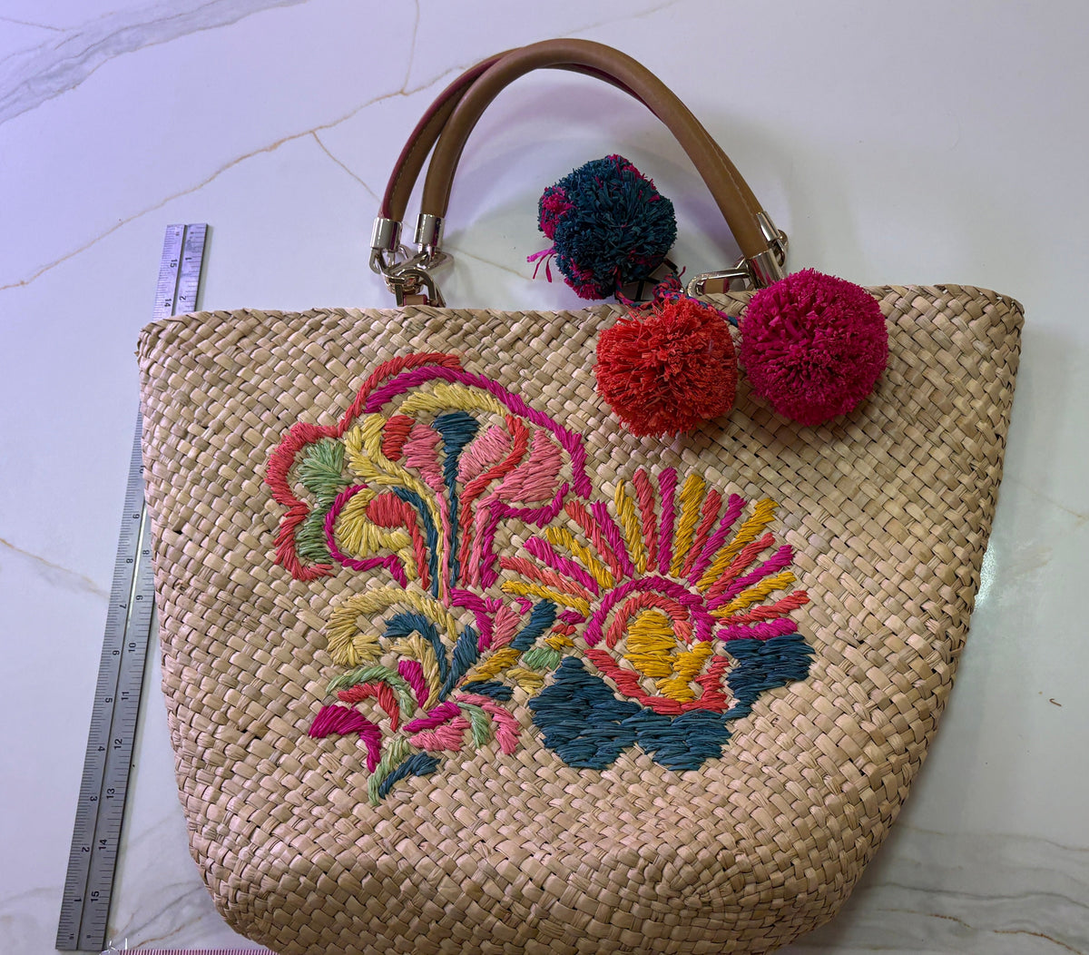 New Trina Turk Woven Straw Embroidered Floral Tote Bag with Pom Poms