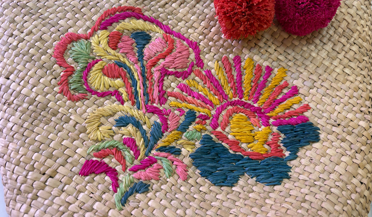 New Trina Turk Woven Straw Embroidered Floral Tote Bag with Pom Poms