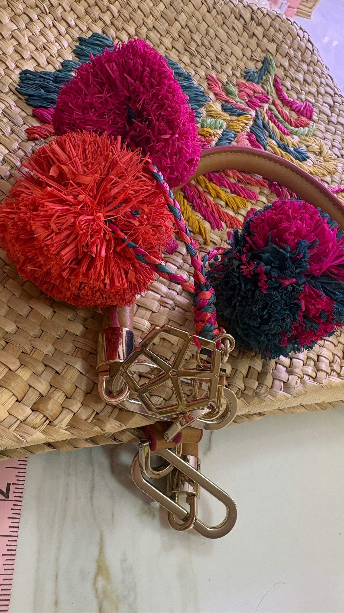 New Trina Turk Woven Straw Embroidered Floral Tote Bag with Pom Poms
