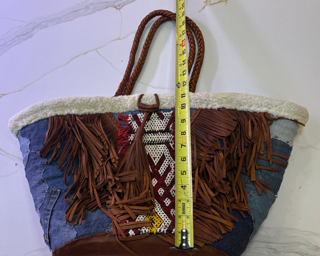 New En Shalla Handcrafted Denim Patchwork Fringe Basket Tote Bag