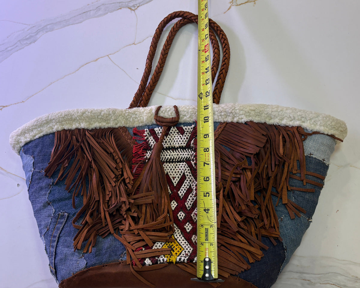 New En Shalla Handcrafted Denim Patchwork Fringe Basket Tote Bag