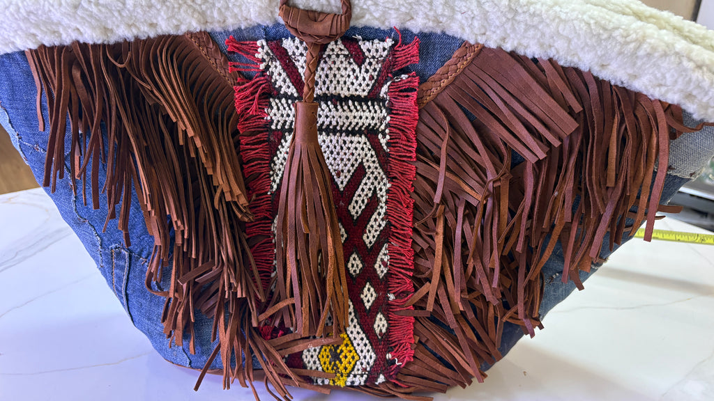 New En Shalla Handcrafted Denim Patchwork Fringe Basket Tote Bag