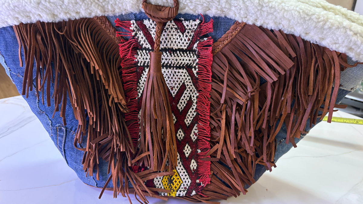 New En Shalla Handcrafted Denim Patchwork Fringe Basket Tote Bag