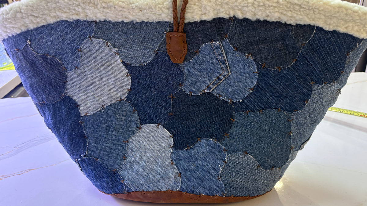 New En Shalla Handcrafted Denim Patchwork Fringe Basket Tote Bag