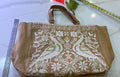 New Cross-Stitch Embroidered Jute Burlap Tote Bag with Multi-Color Tassel