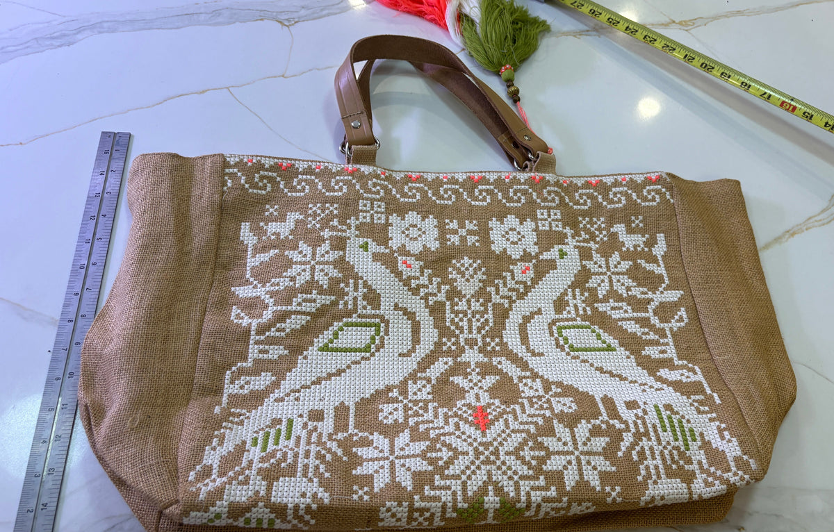 New Cross-Stitch Embroidered Jute Burlap Tote Bag with Multi-Color Tassel