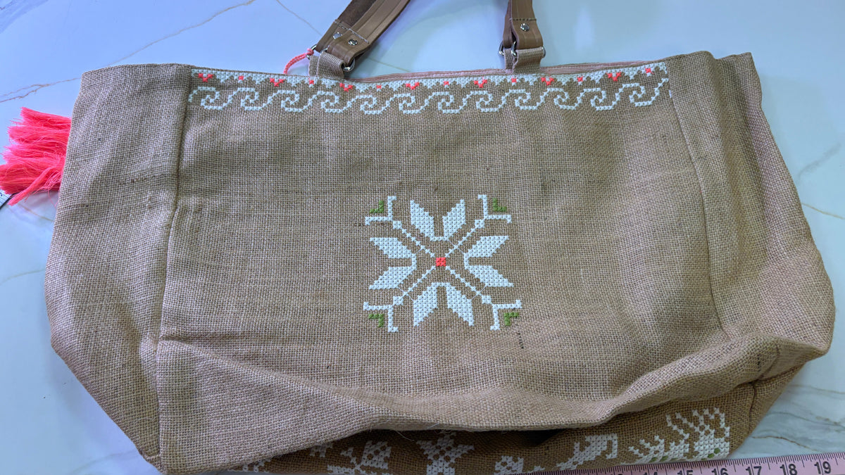 New Cross-Stitch Embroidered Jute Burlap Tote Bag with Multi-Color Tassel