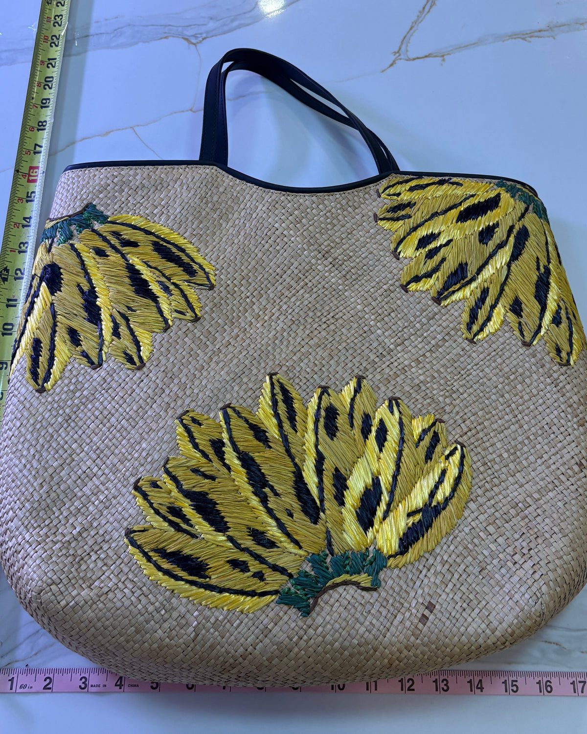 New ARANÁZ Banana Embroidered Straw Tote Bag with Matching Dust Bag Set