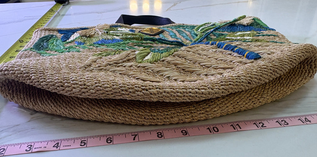 New ARANÁZ Dragonfly Embroidered Straw Tote Bag with Botanical Accents