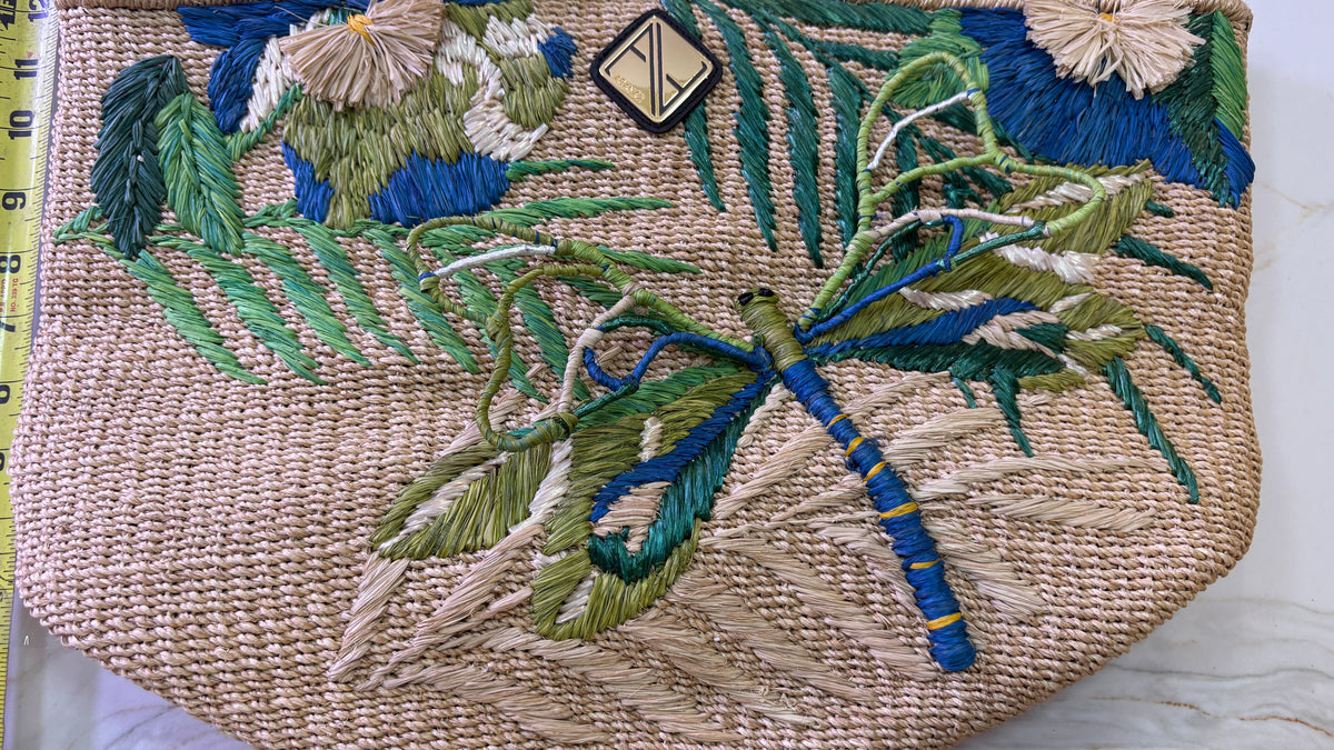 New ARANÁZ Dragonfly Embroidered Straw Tote Bag with Botanical Accents