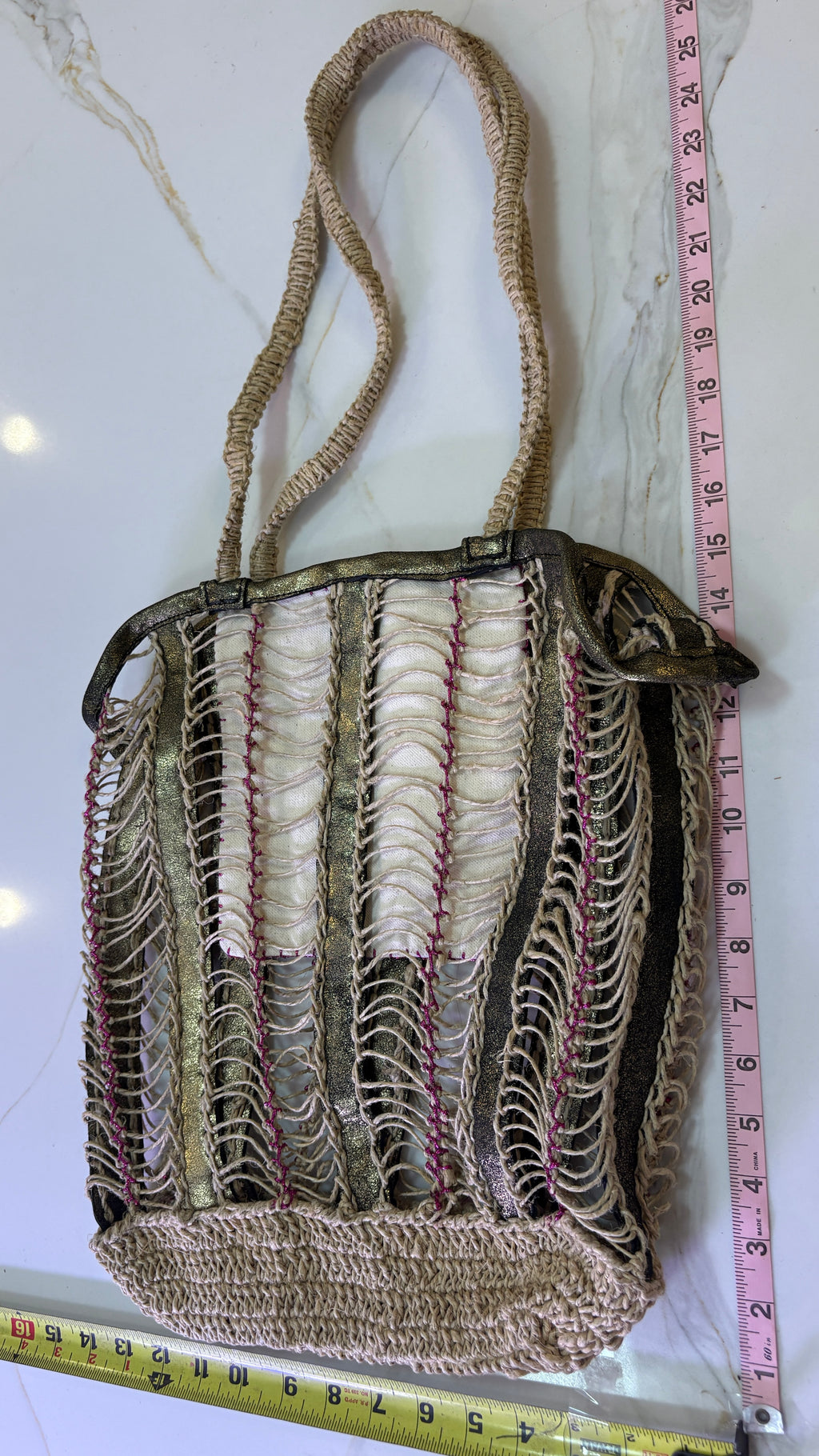 New En Shalla Open Weave Metallic Gold Tote with Star Pouch & Dust Bag
