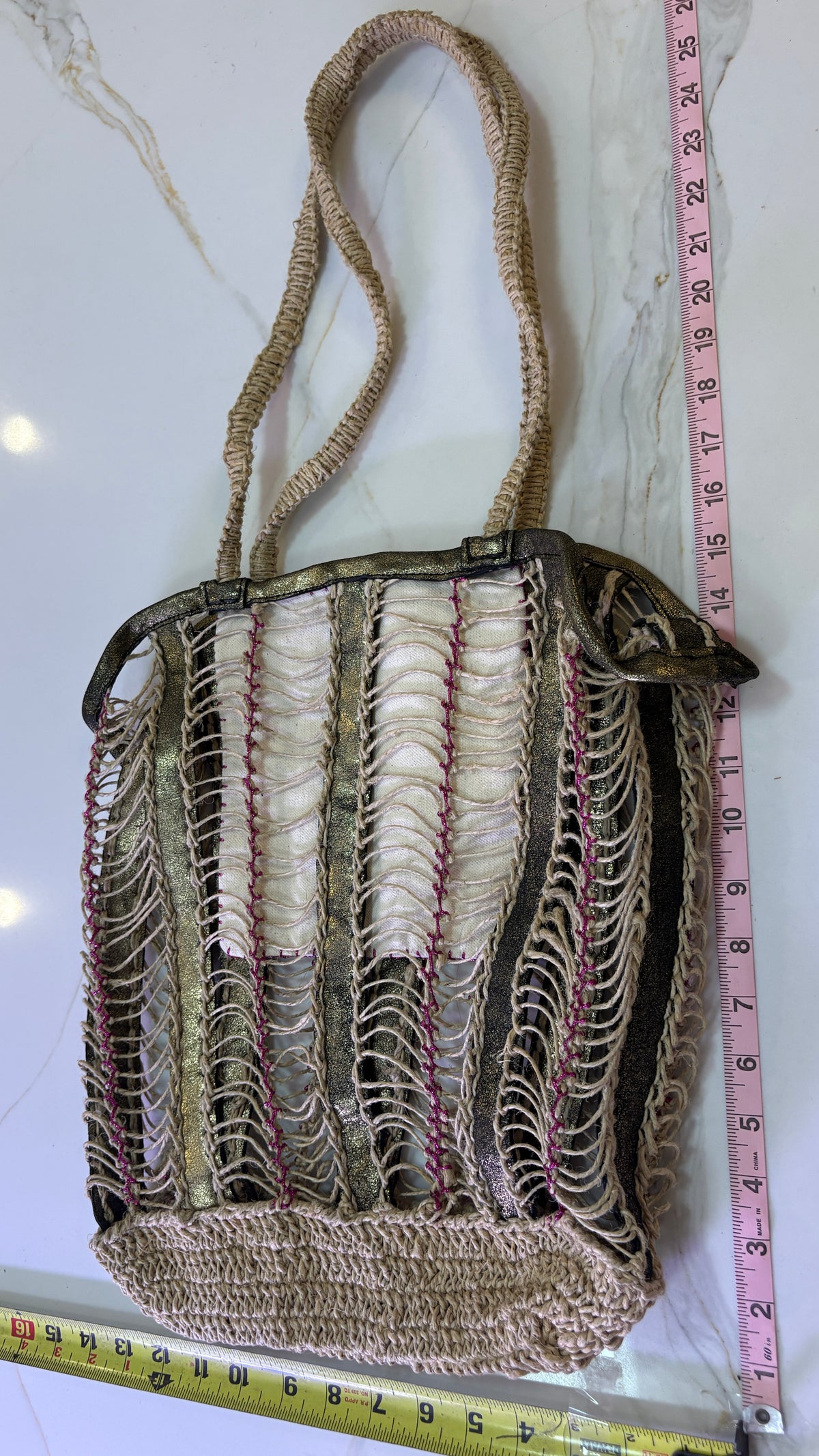 New En Shalla Open Weave Metallic Gold Tote with Star Pouch & Dust Bag