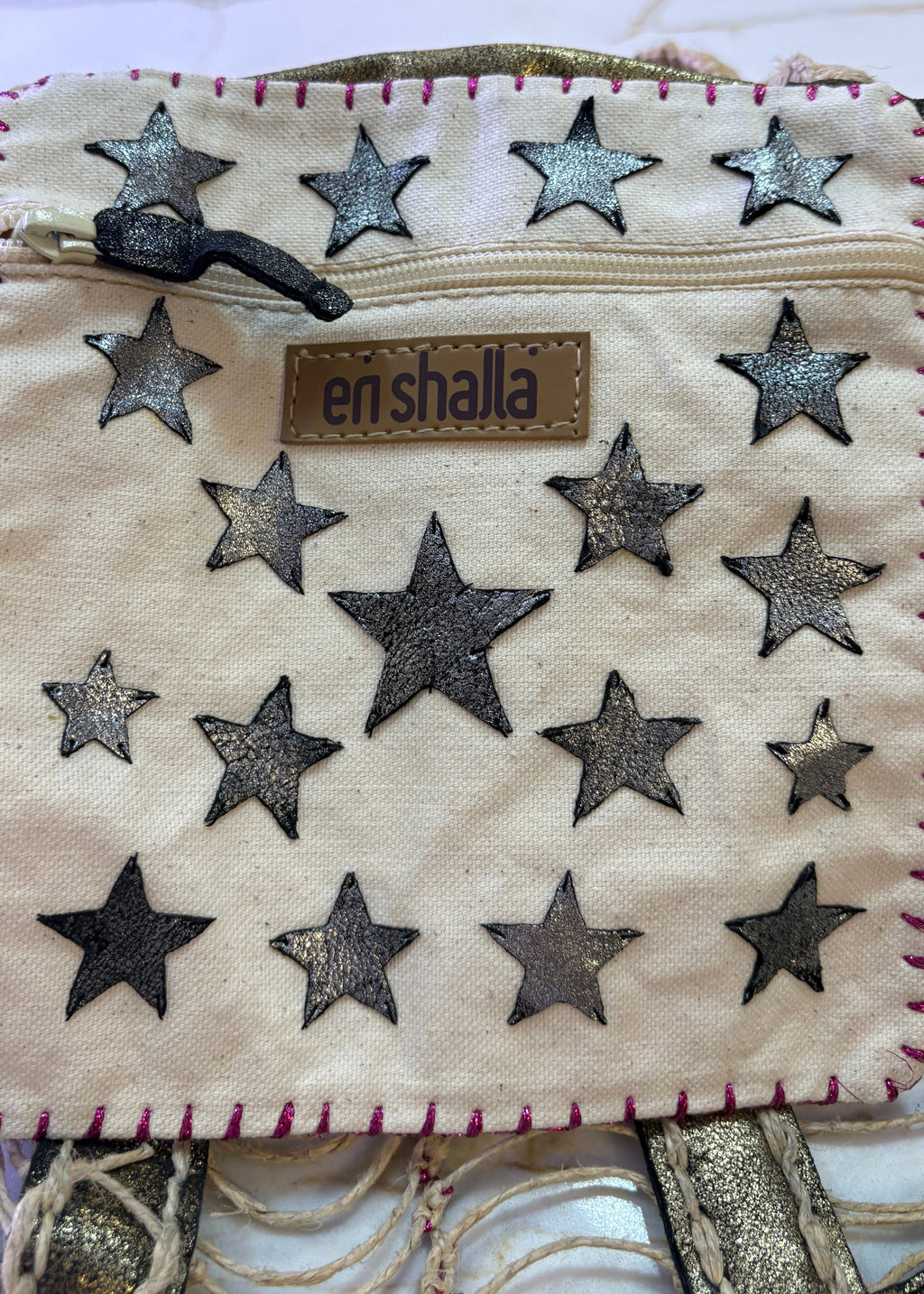 New En Shalla Open Weave Metallic Gold Tote with Star Pouch & Dust Bag