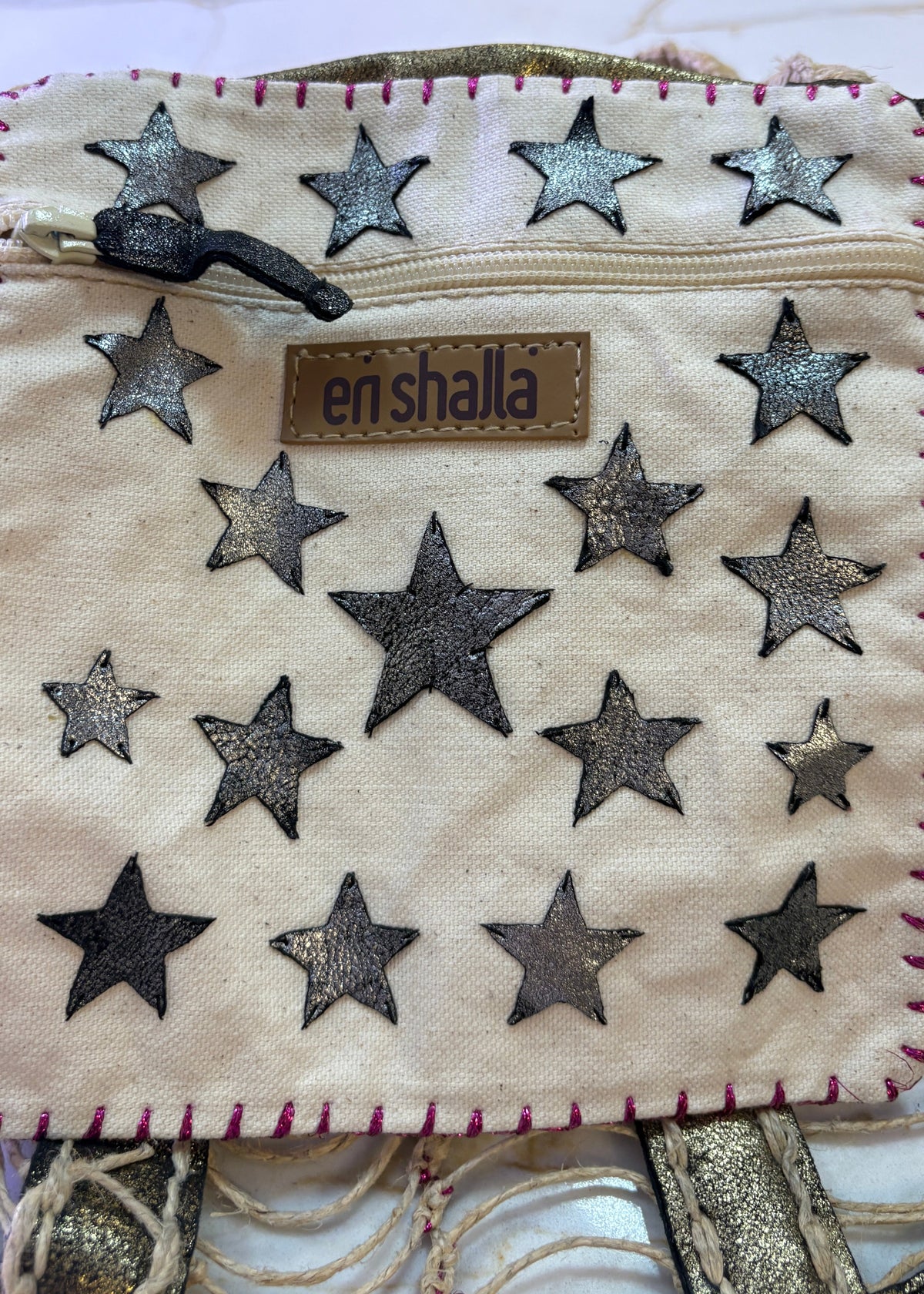 New En Shalla Open Weave Metallic Gold Tote with Star Pouch & Dust Bag