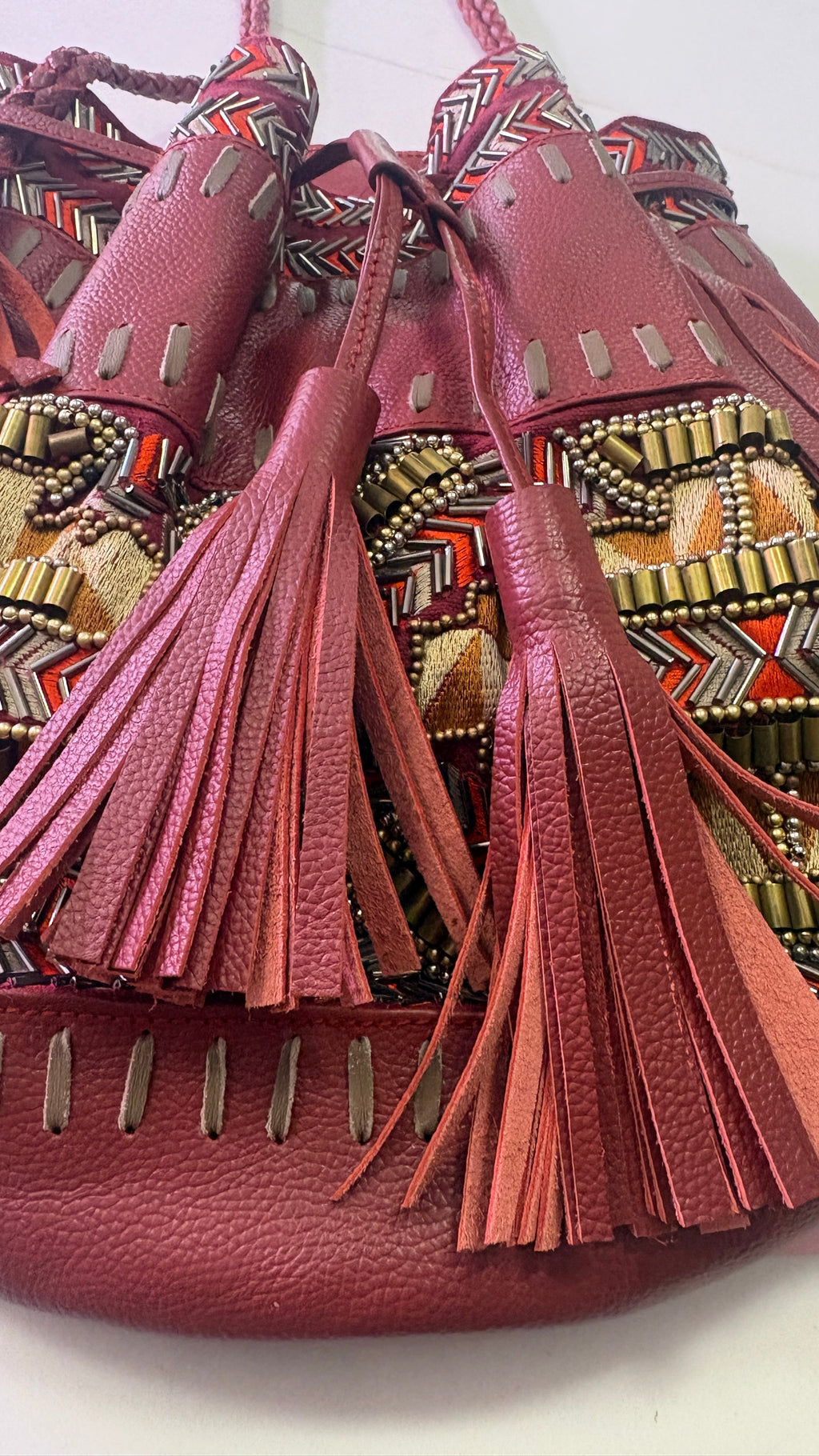 New IbBan Handcrafted Beaded Bucket Bag with Tassel Drawstrings