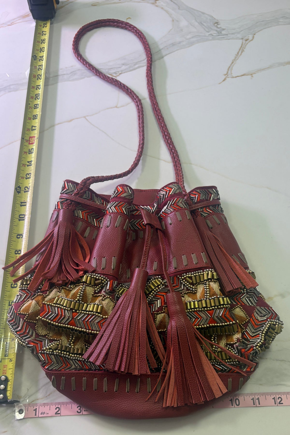 New IbBan Handcrafted Beaded Bucket Bag with Tassel Drawstrings