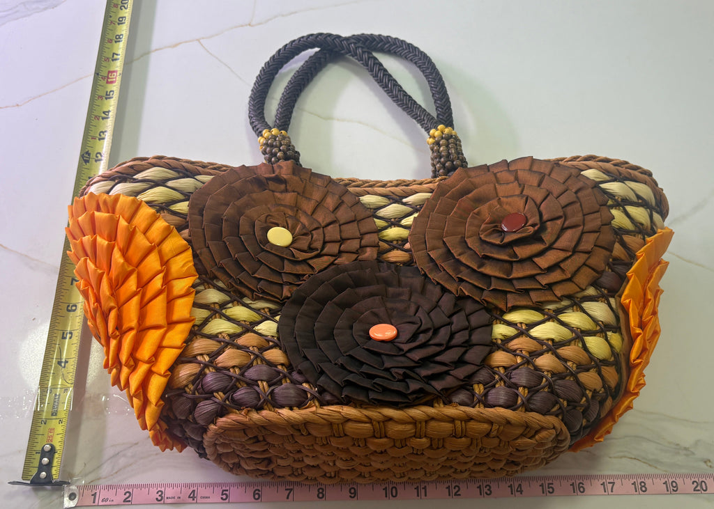 New Chico's Woven Straw Floral Applique Shoulder Tote Bag