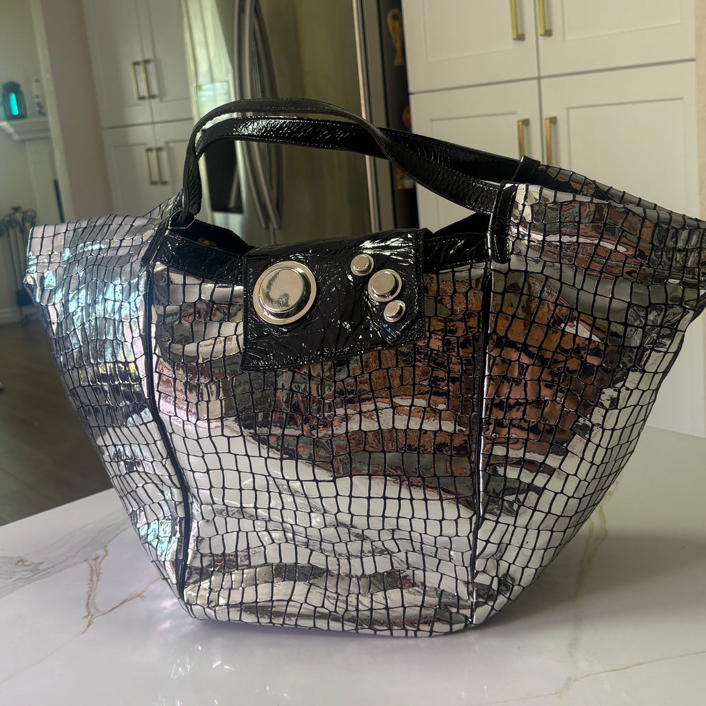 NEW GUSTTO Silver Metallic Croc Embossed Leather Hobo Bag with Black Patent Trim