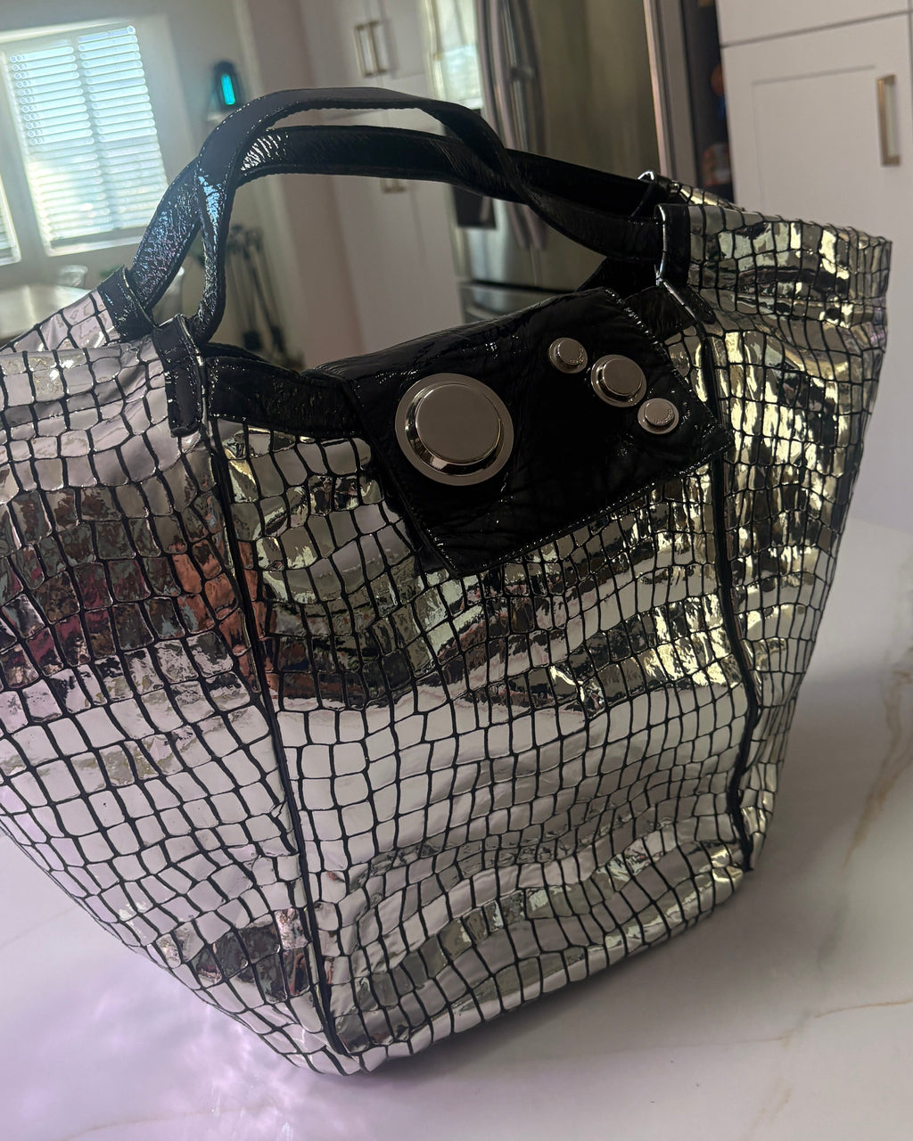 NEW GUSTTO Silver Metallic Croc Embossed Leather Hobo Bag with Black Patent Trim