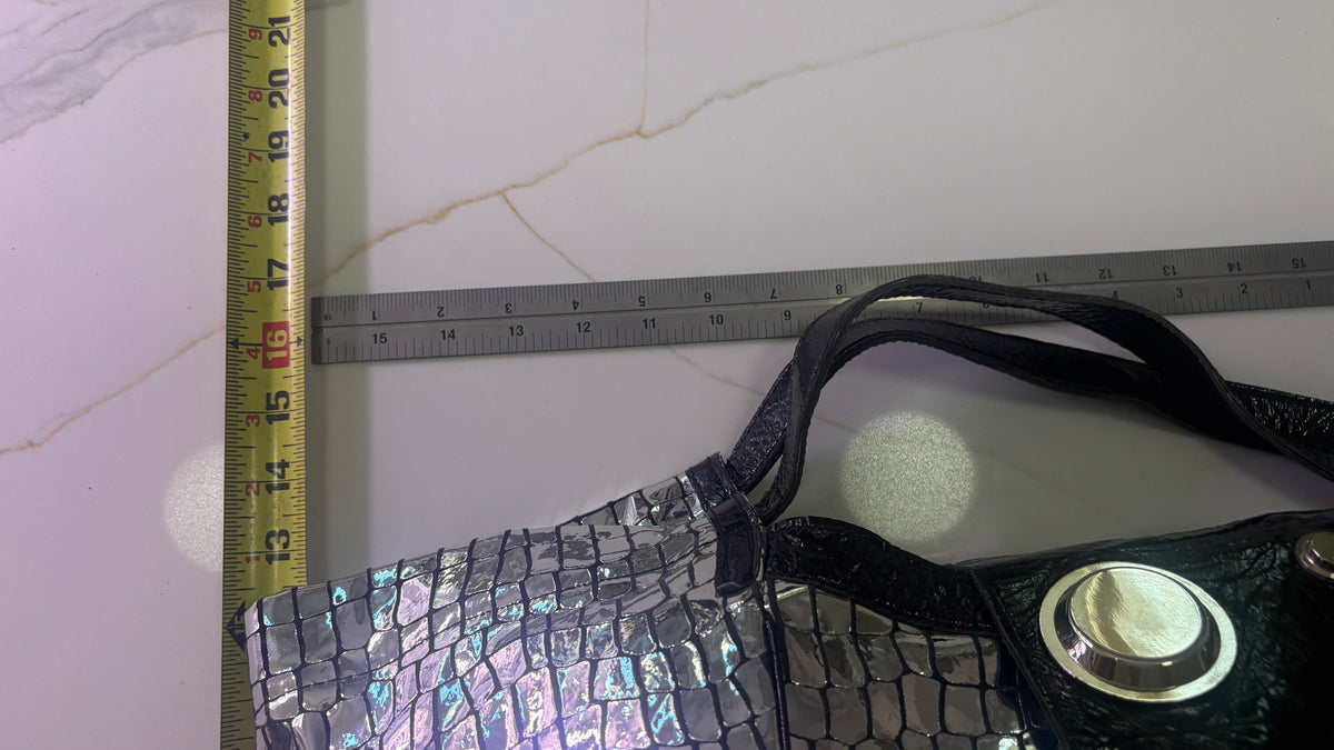 NEW GUSTTO Silver Metallic Croc Embossed Leather Hobo Bag with Black Patent Trim